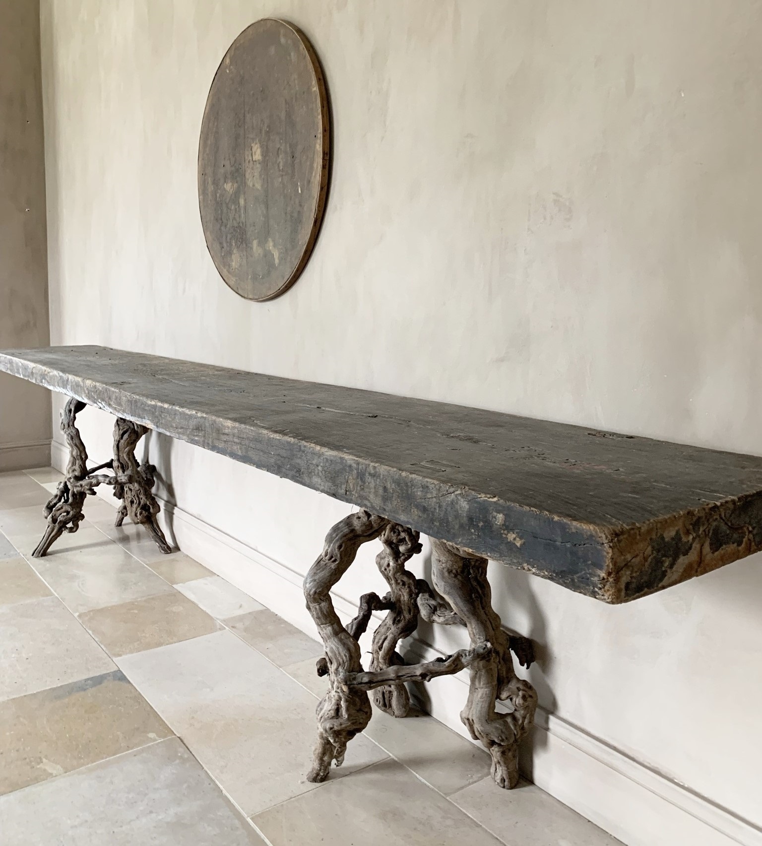 Grote console bijzettafel met 19e eeuws blad en onderstellen - Afbeelding 5